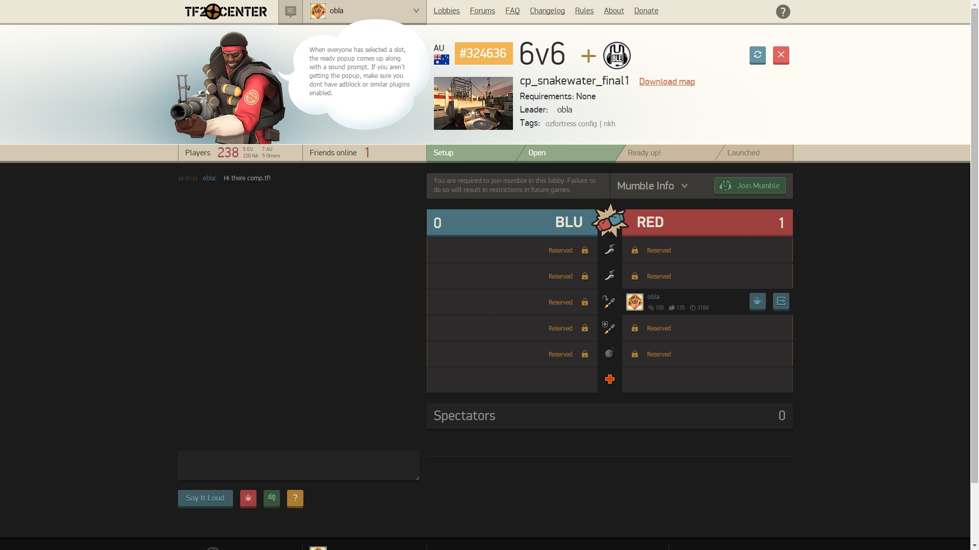 Lobby page, showing slots reserved with passwords